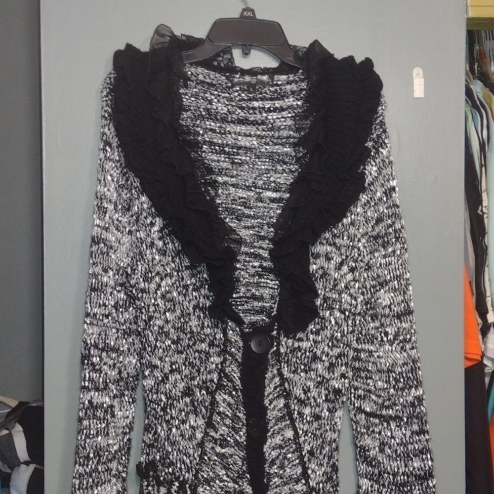 Pretty Angel Long Sweater Coat 40%silk 30%wool size large black and silver/white